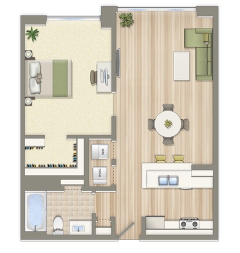 Floor plan for 1 bed, 1 bath, 674 sqft